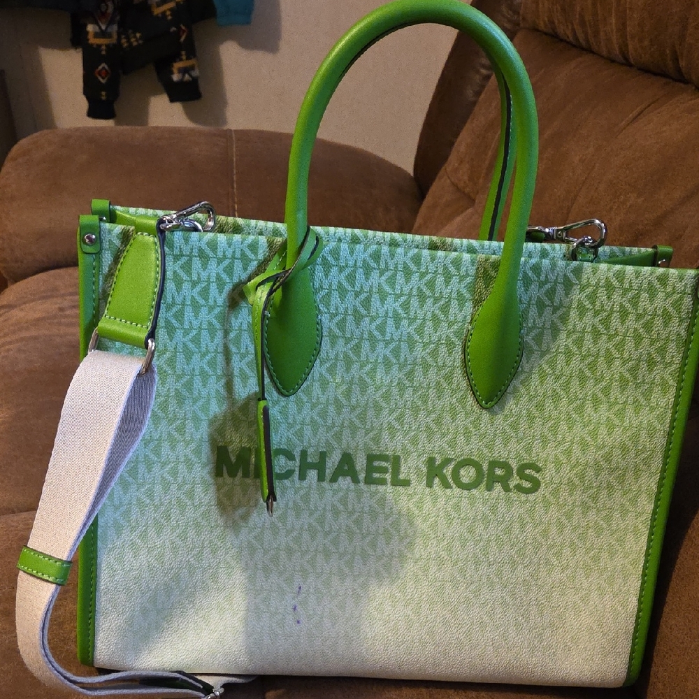 Michael Kors Jungle Green and White Tote Bag
